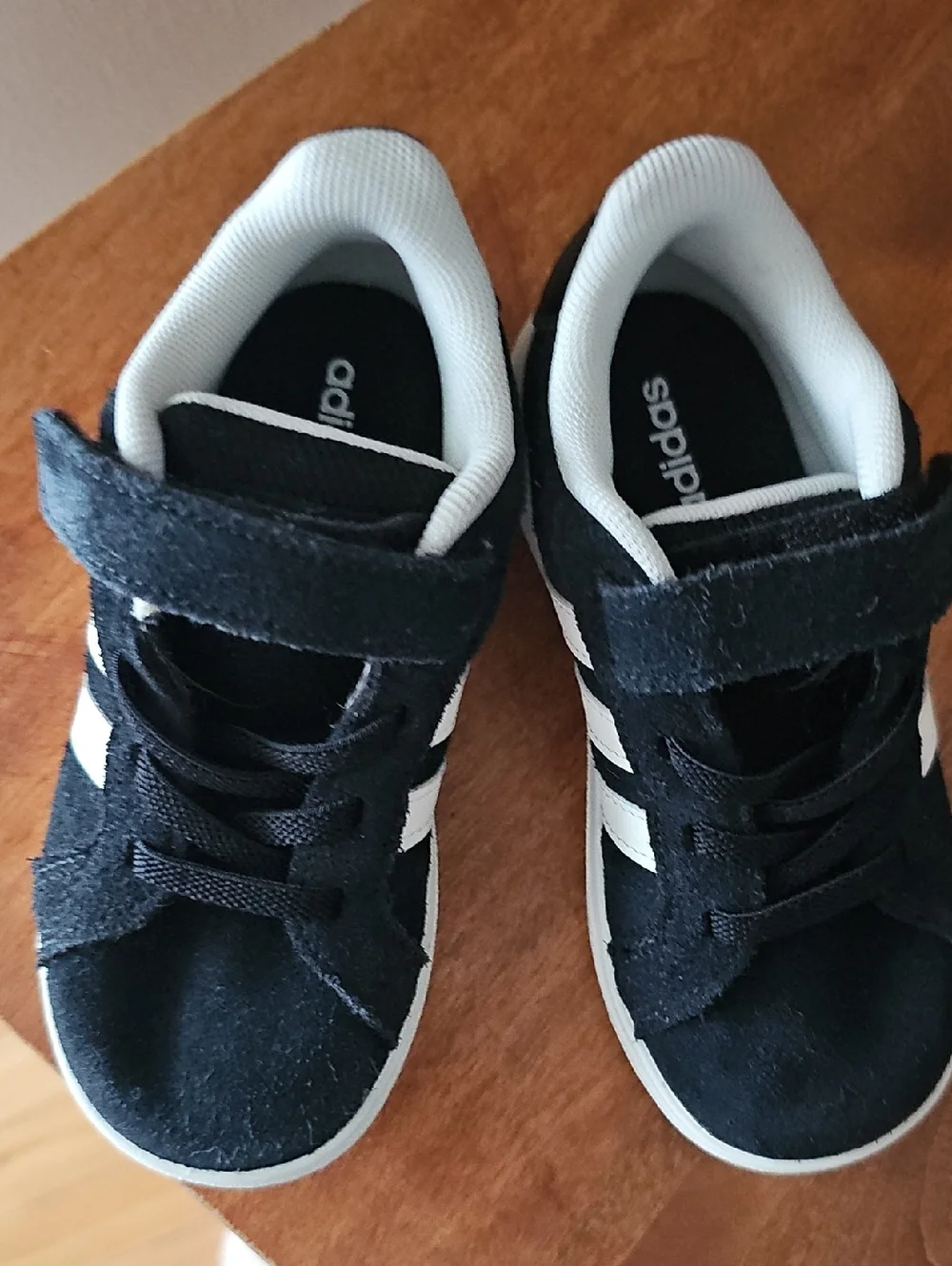 adidas Kids Black Suede Sneakers with White Stripes